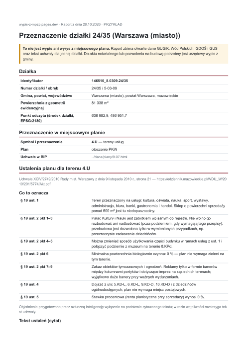 Pierwsza strona przykładowego raportu